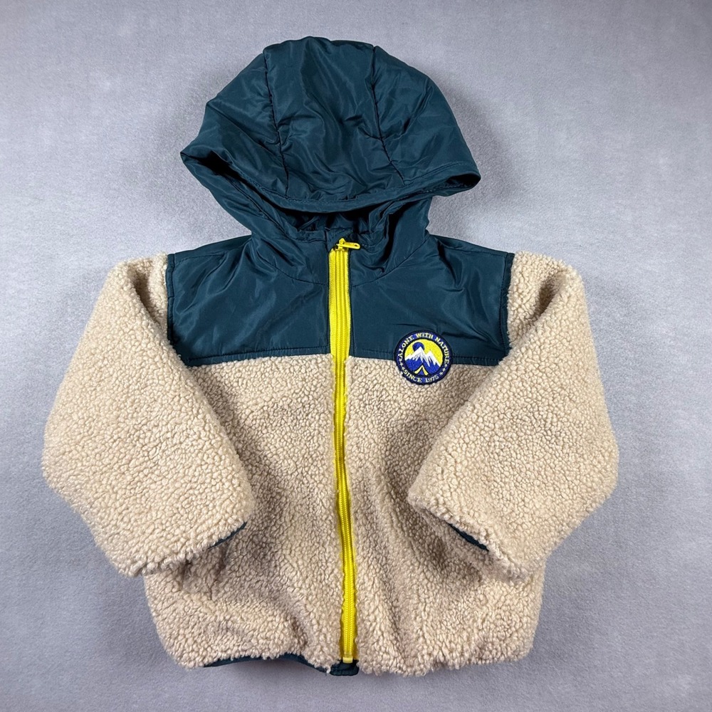 Zara Baby Boys Teal Beige Sherpa Fleece Hooded Jacket 18-24 Months Alone Nature
